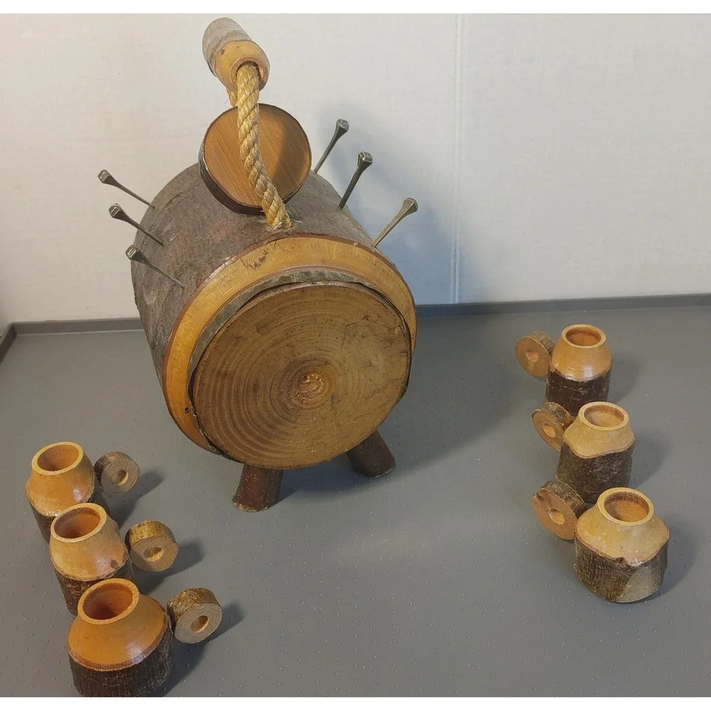 Vintage Handmade Rustic Wood Barrel Liquor Dispenser Set 7pc Brown Folk Art